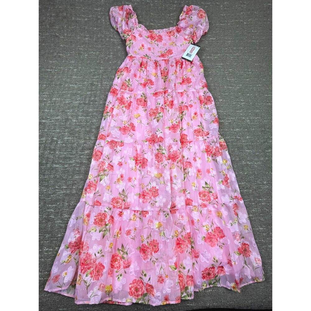 NWT Rare Editions girls XL 14/16 Pink Floral Maxi Long Dress Smocked Lined